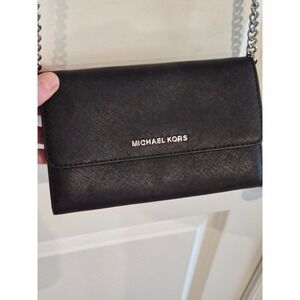 Michael Kors Black Saffiano Leather Crossbody Bag Silver Chain Strap